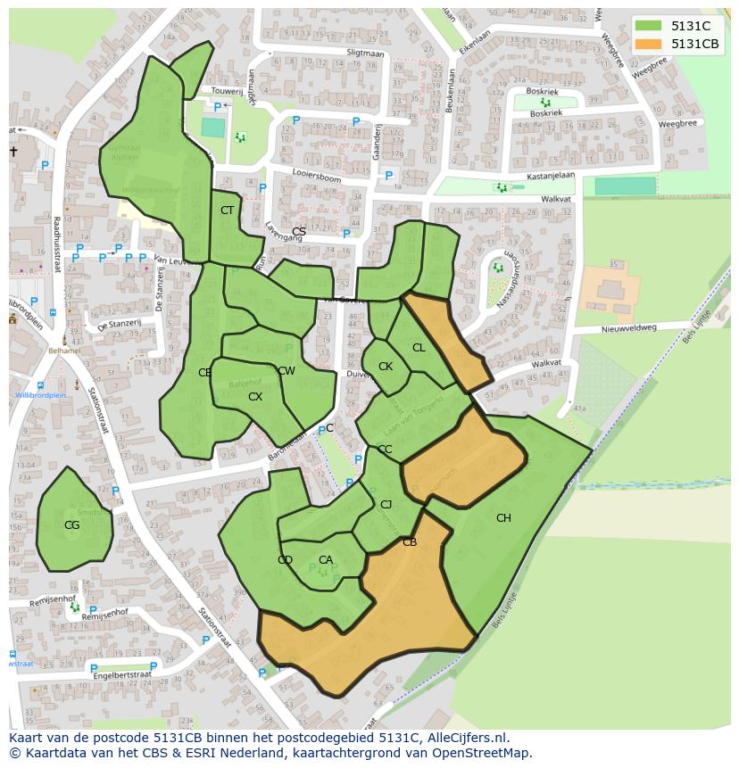 Afbeelding van het postcodegebied 5131 CB op de kaart.