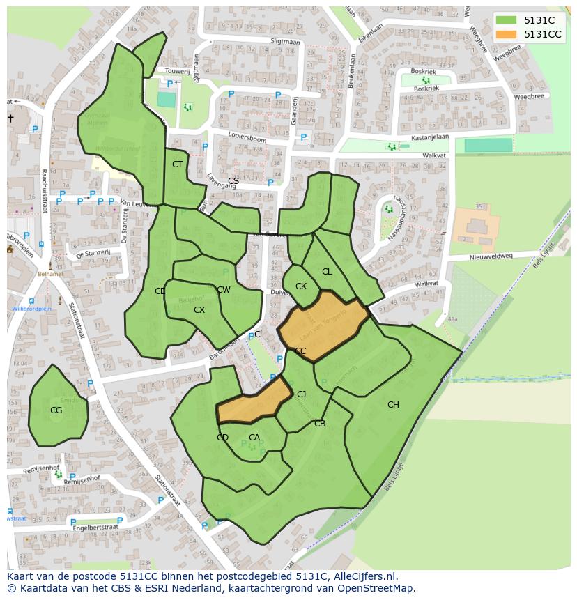 Afbeelding van het postcodegebied 5131 CC op de kaart.
