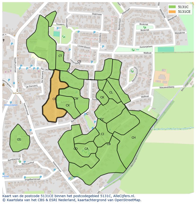 Afbeelding van het postcodegebied 5131 CE op de kaart.
