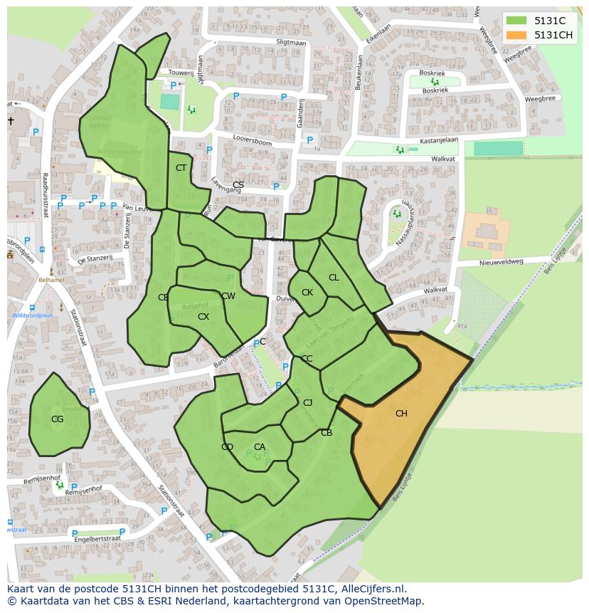 Afbeelding van het postcodegebied 5131 CH op de kaart.