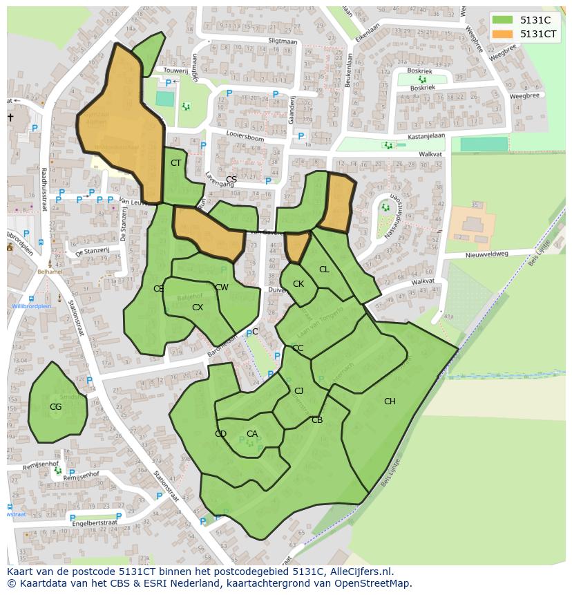 Afbeelding van het postcodegebied 5131 CT op de kaart.
