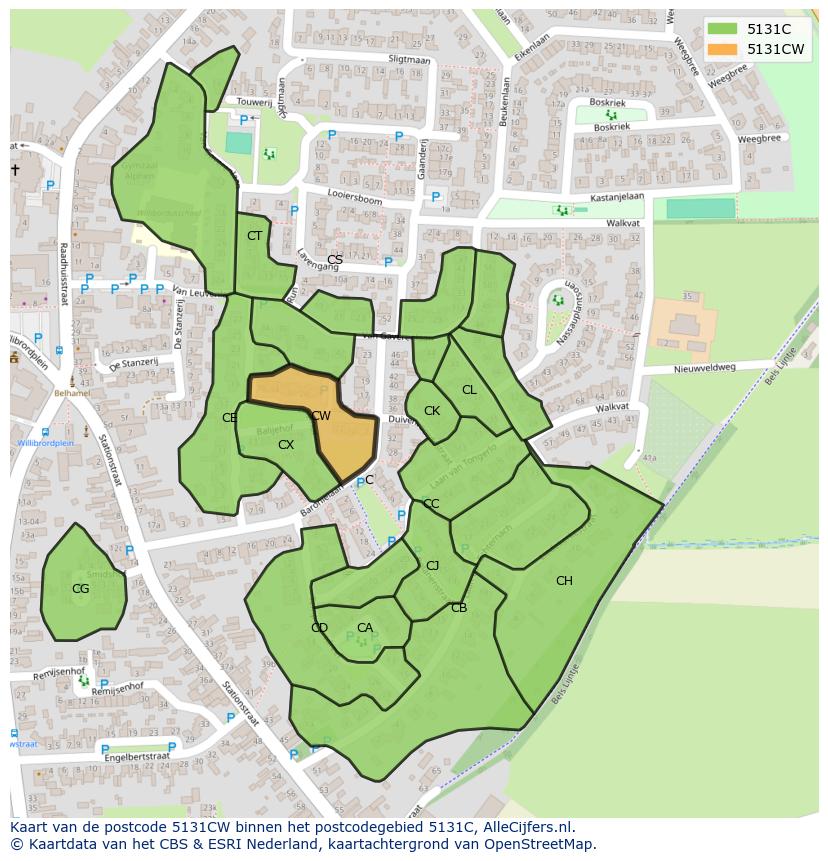Afbeelding van het postcodegebied 5131 CW op de kaart.