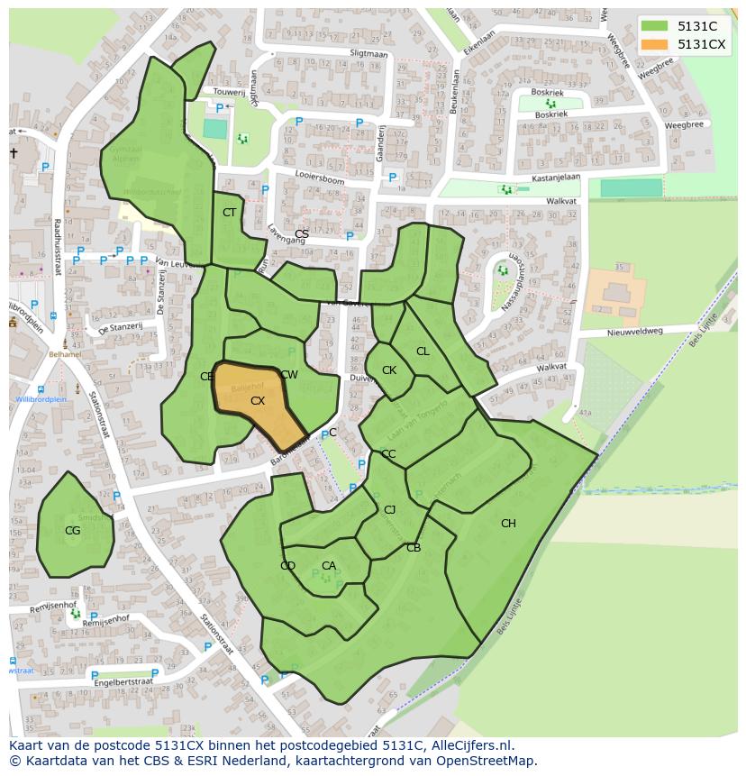 Afbeelding van het postcodegebied 5131 CX op de kaart.