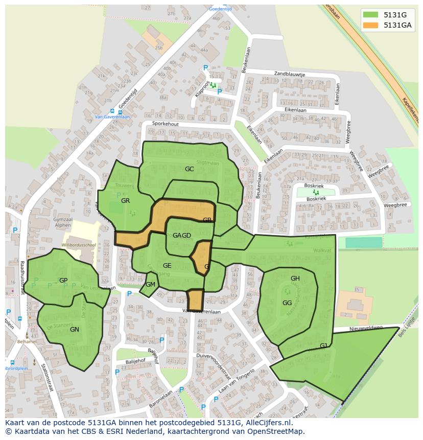 Afbeelding van het postcodegebied 5131 GA op de kaart.