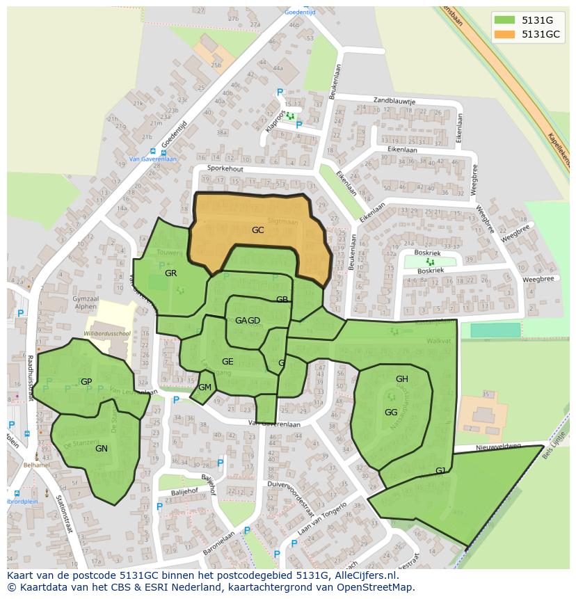 Afbeelding van het postcodegebied 5131 GC op de kaart.