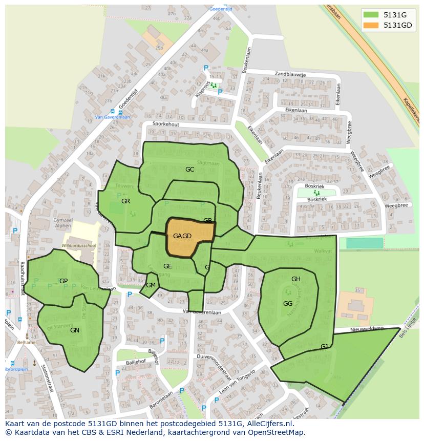 Afbeelding van het postcodegebied 5131 GD op de kaart.