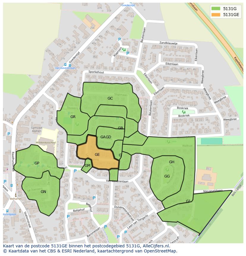 Afbeelding van het postcodegebied 5131 GE op de kaart.