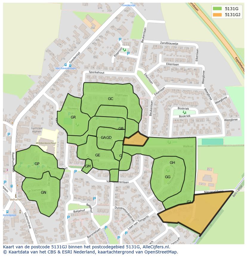Afbeelding van het postcodegebied 5131 GJ op de kaart.