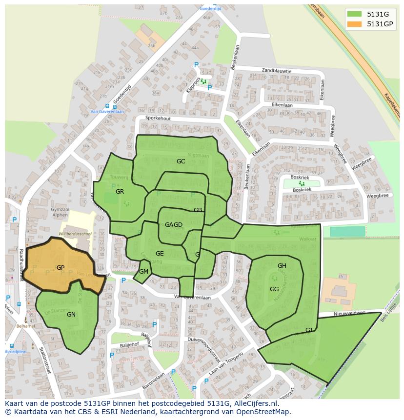Afbeelding van het postcodegebied 5131 GP op de kaart.