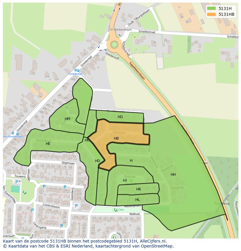 Afbeelding van het postcodegebied 5131 HB op de kaart.