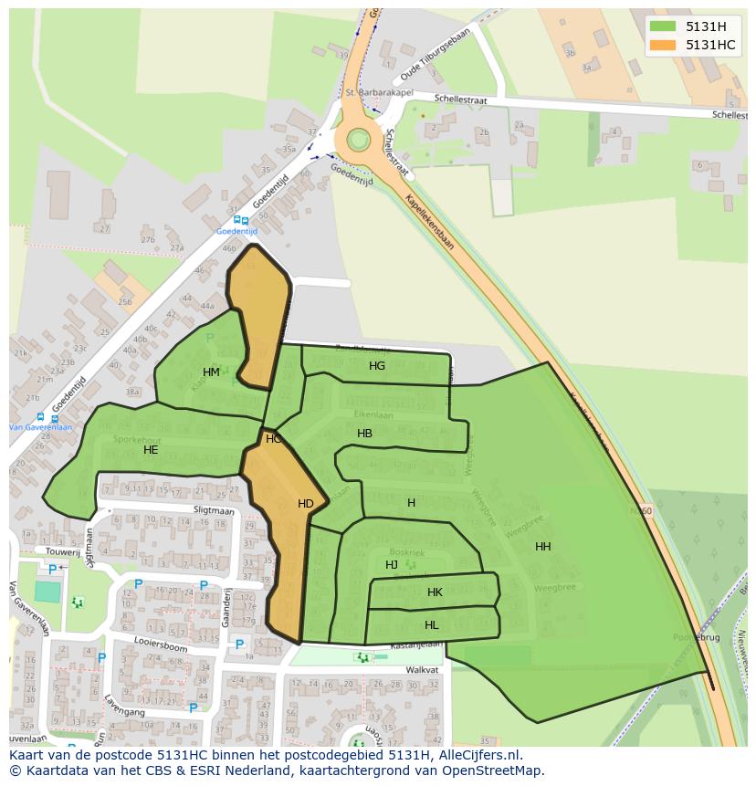 Afbeelding van het postcodegebied 5131 HC op de kaart.