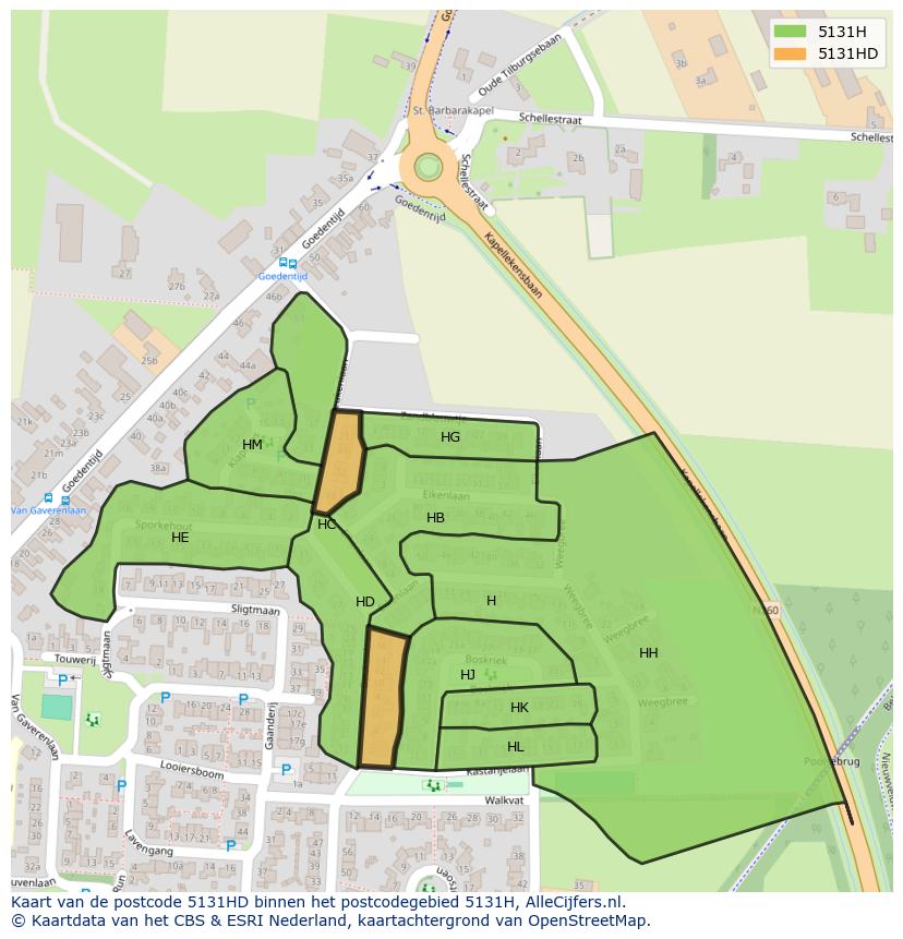 Afbeelding van het postcodegebied 5131 HD op de kaart.