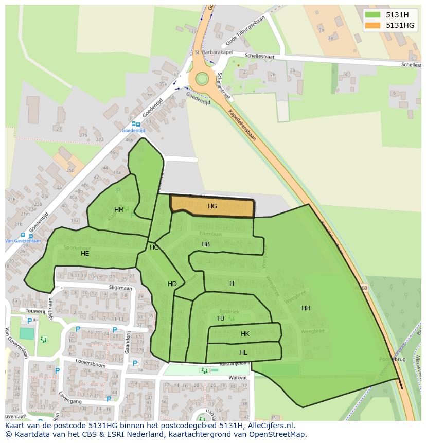 Afbeelding van het postcodegebied 5131 HG op de kaart.