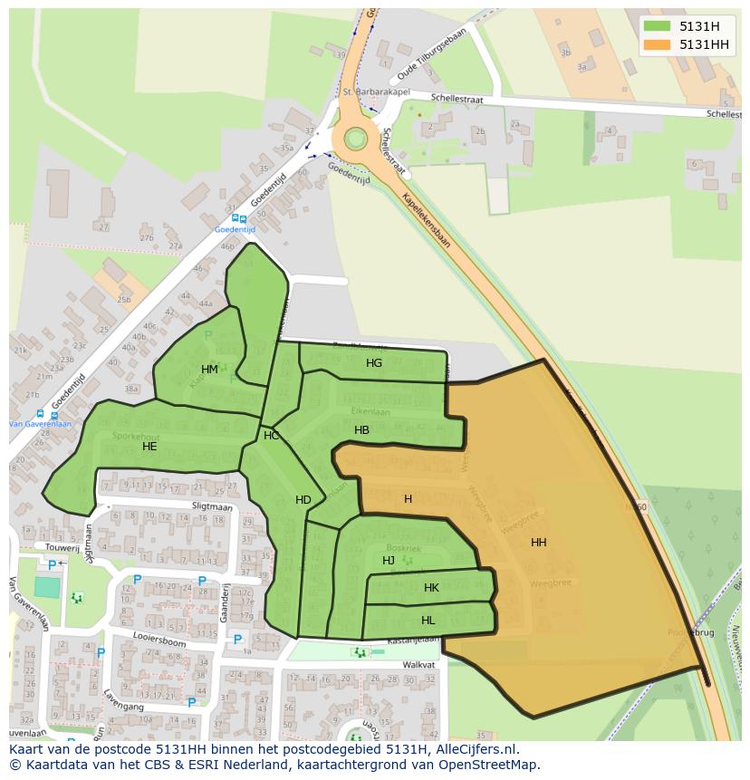 Afbeelding van het postcodegebied 5131 HH op de kaart.