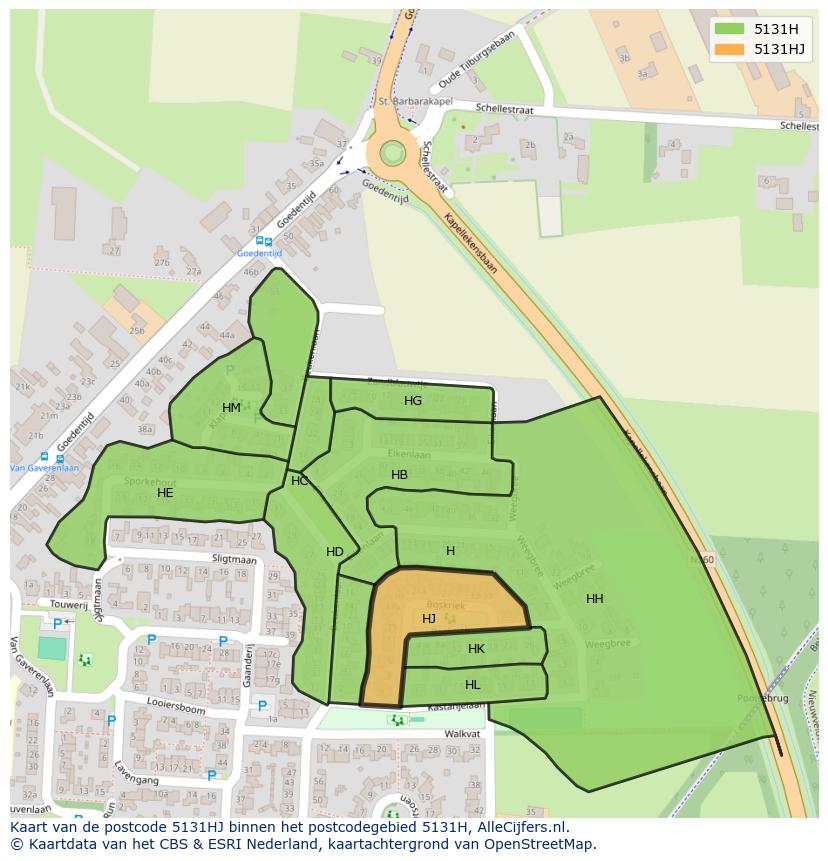 Afbeelding van het postcodegebied 5131 HJ op de kaart.