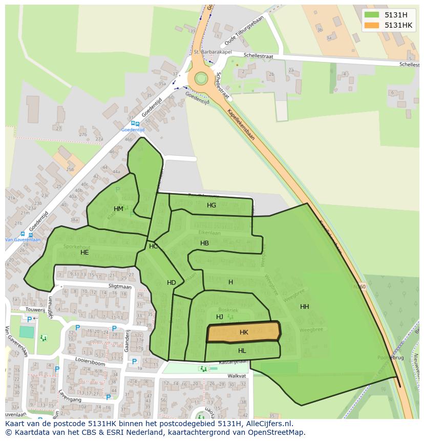 Afbeelding van het postcodegebied 5131 HK op de kaart.