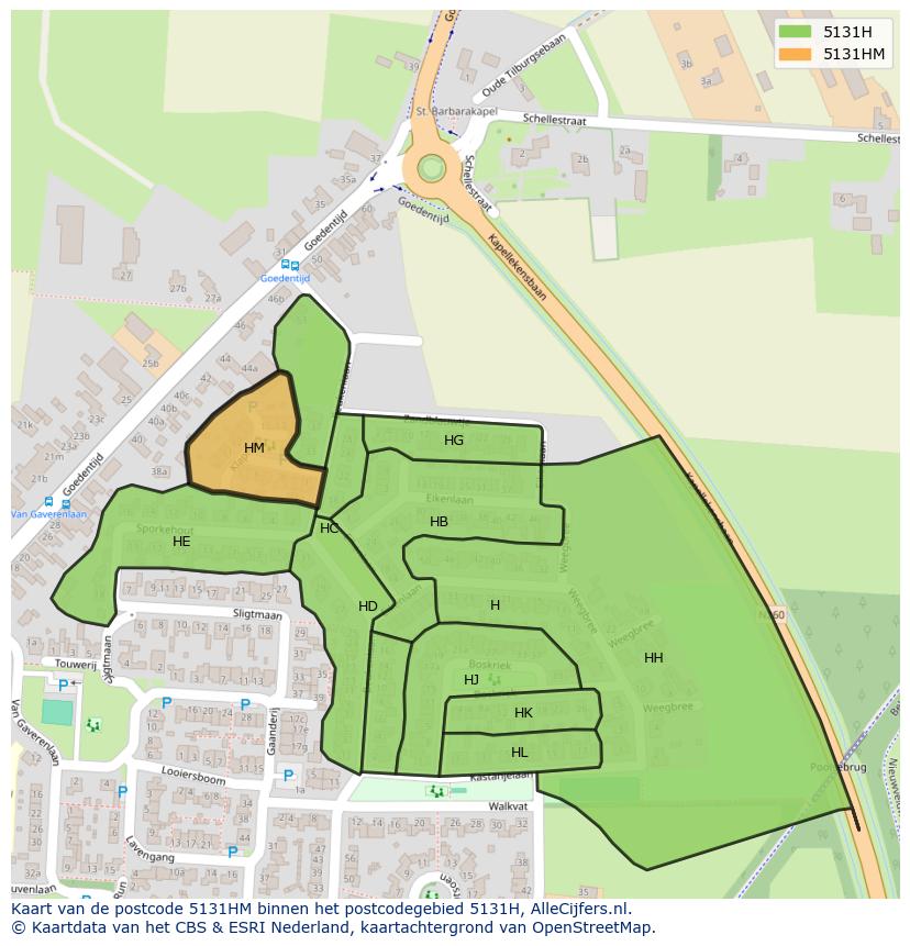 Afbeelding van het postcodegebied 5131 HM op de kaart.