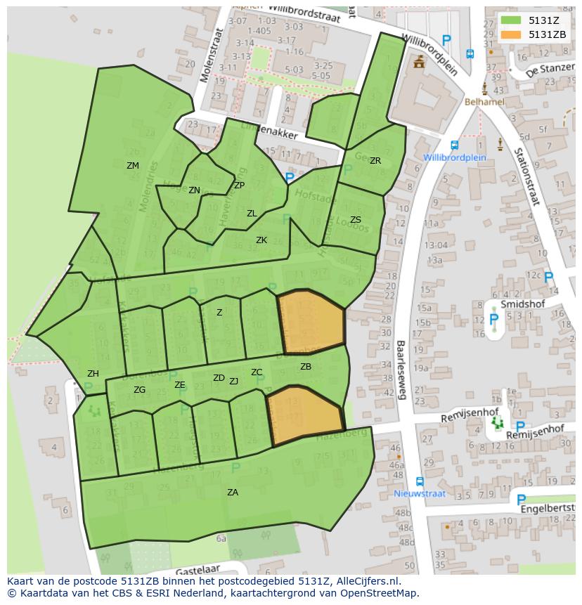 Afbeelding van het postcodegebied 5131 ZB op de kaart.