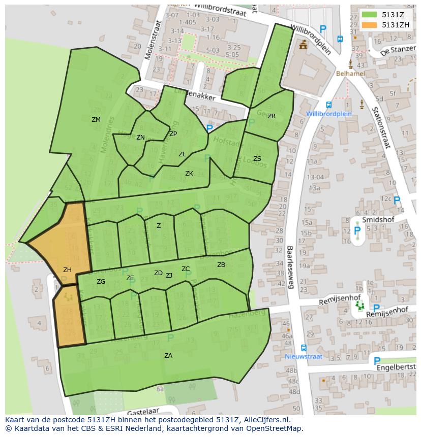 Afbeelding van het postcodegebied 5131 ZH op de kaart.