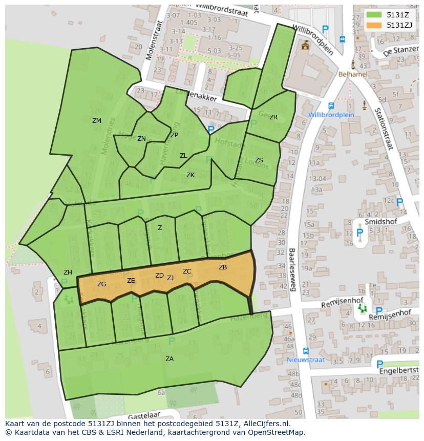 Afbeelding van het postcodegebied 5131 ZJ op de kaart.