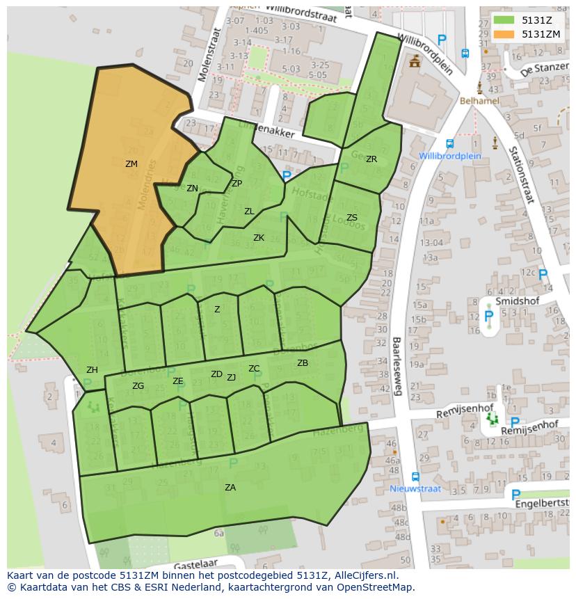 Afbeelding van het postcodegebied 5131 ZM op de kaart.