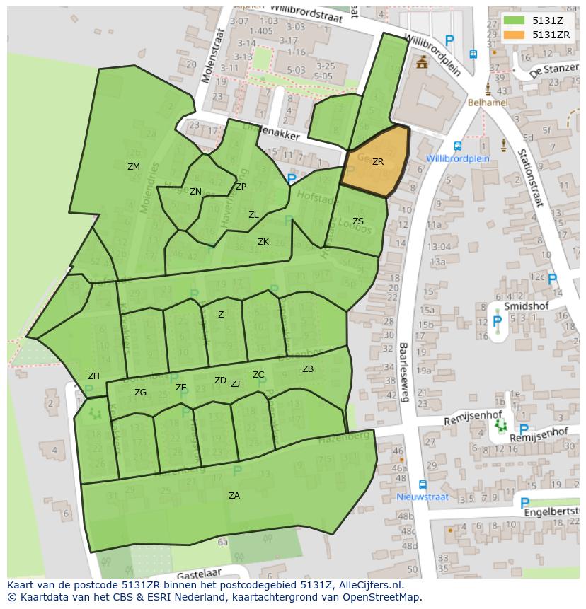Afbeelding van het postcodegebied 5131 ZR op de kaart.