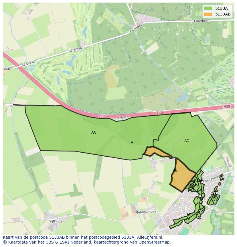 Afbeelding van het postcodegebied 5133 AB op de kaart.
