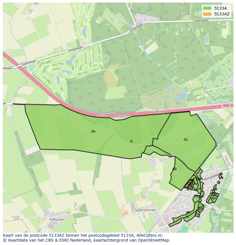 Afbeelding van het postcodegebied 5133 AZ op de kaart.