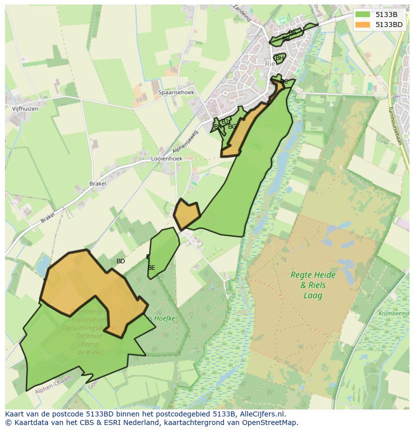 Afbeelding van het postcodegebied 5133 BD op de kaart.