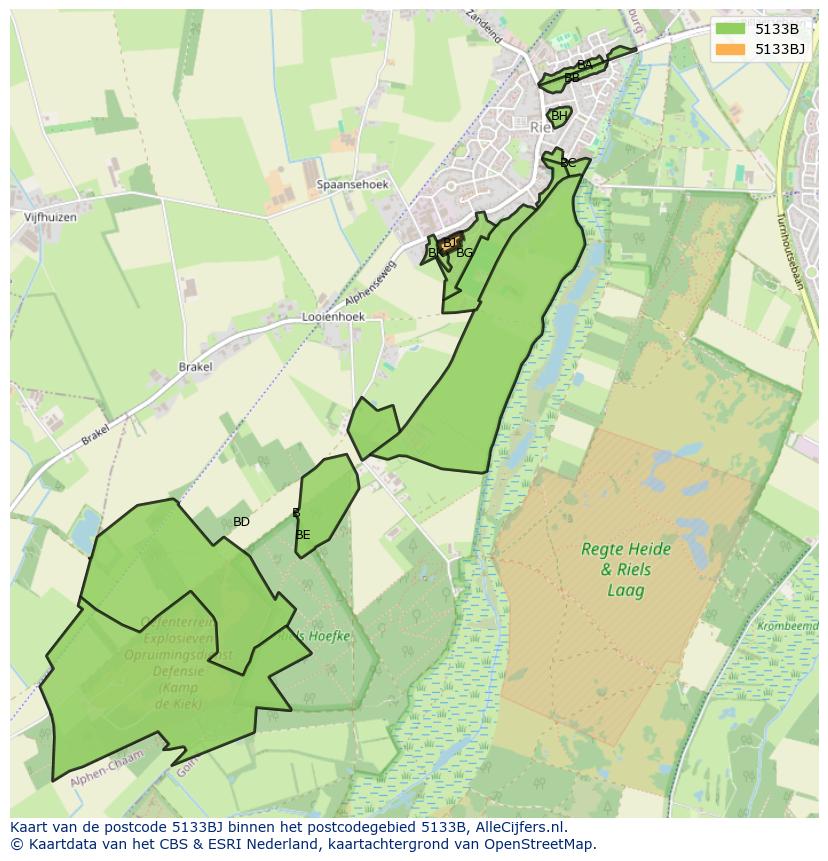Afbeelding van het postcodegebied 5133 BJ op de kaart.