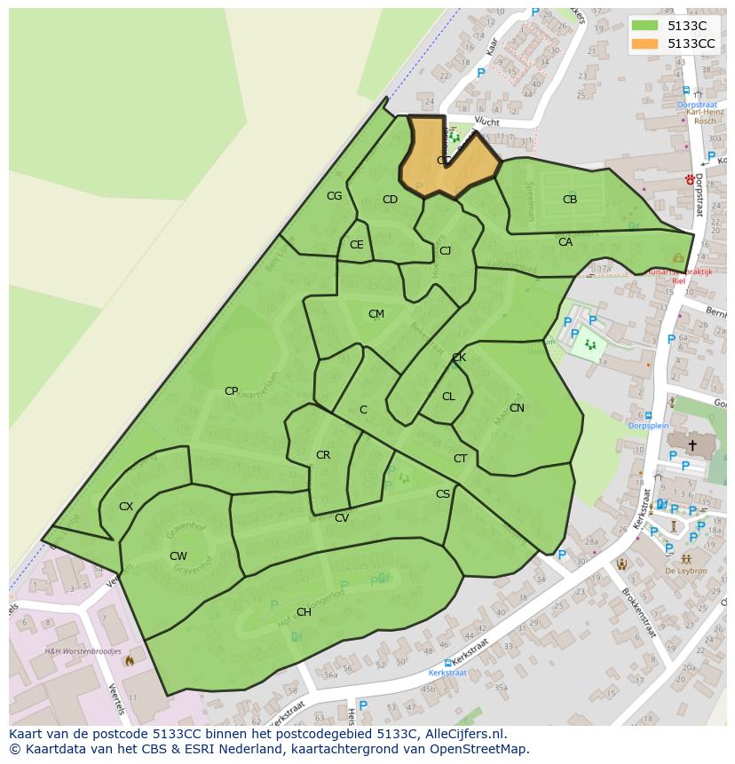 Afbeelding van het postcodegebied 5133 CC op de kaart.