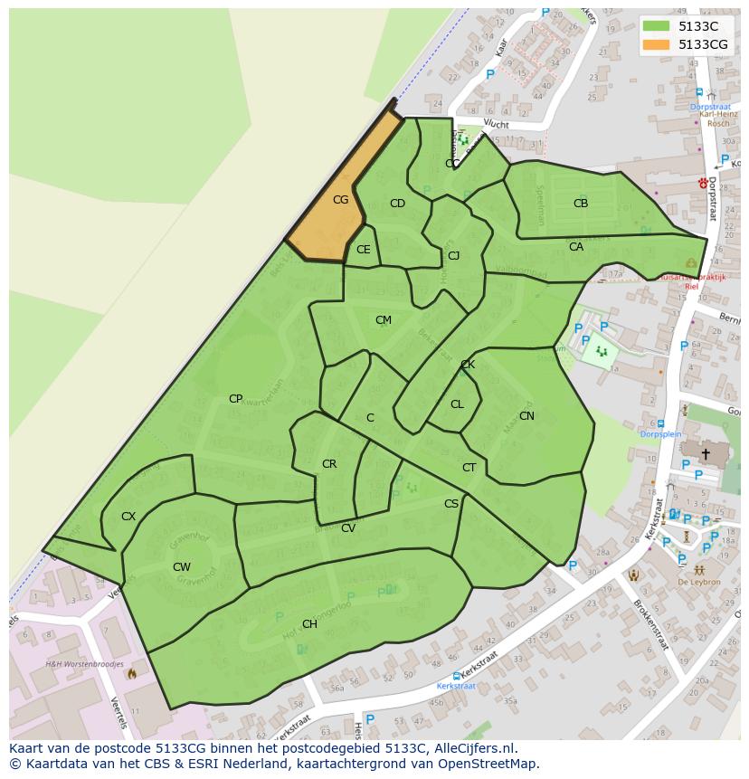 Afbeelding van het postcodegebied 5133 CG op de kaart.
