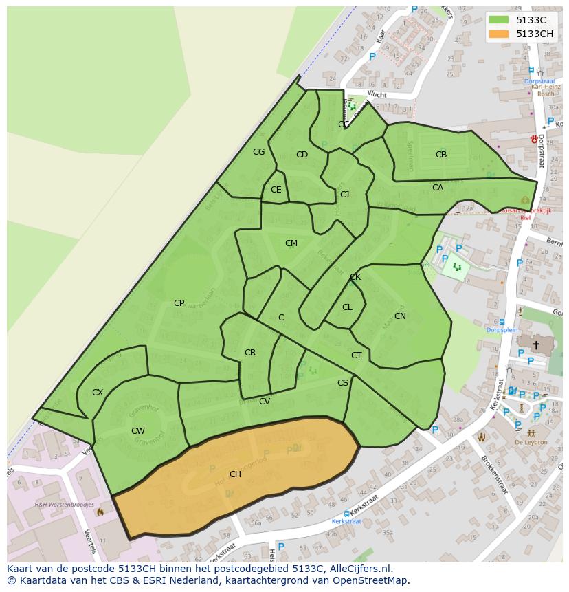 Afbeelding van het postcodegebied 5133 CH op de kaart.