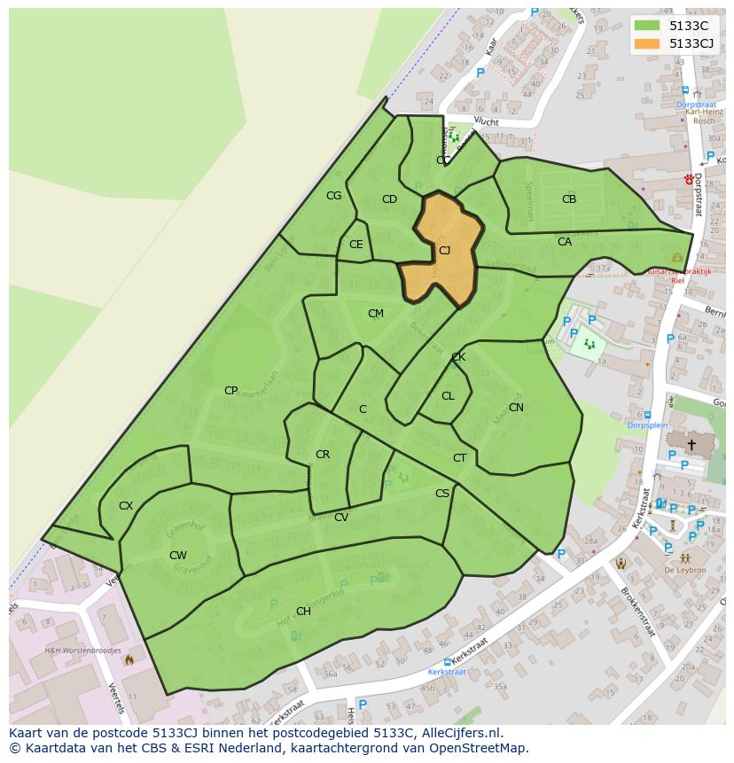 Afbeelding van het postcodegebied 5133 CJ op de kaart.