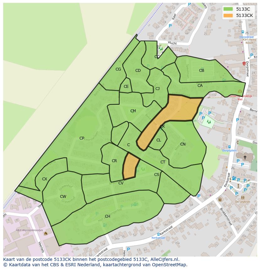 Afbeelding van het postcodegebied 5133 CK op de kaart.