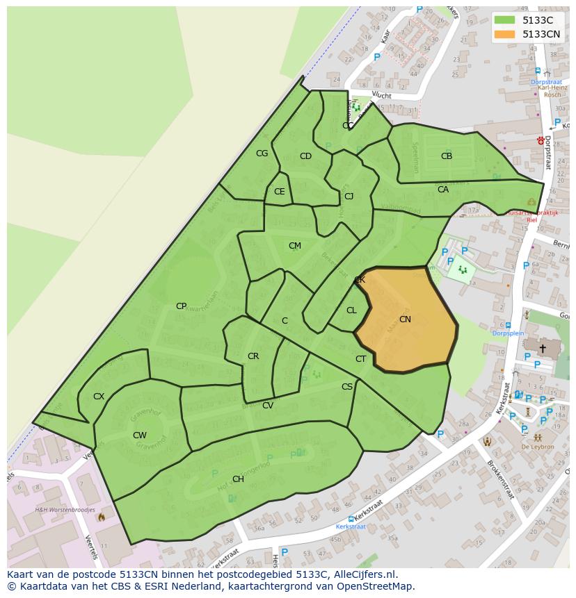 Afbeelding van het postcodegebied 5133 CN op de kaart.