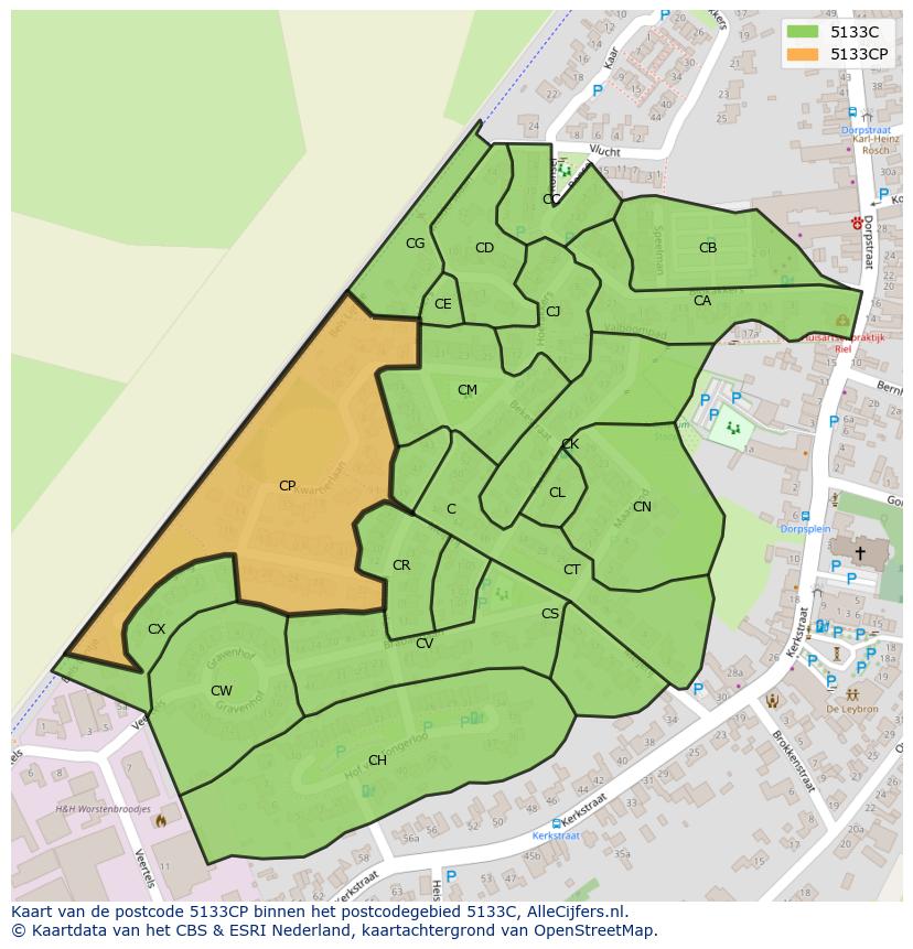 Afbeelding van het postcodegebied 5133 CP op de kaart.