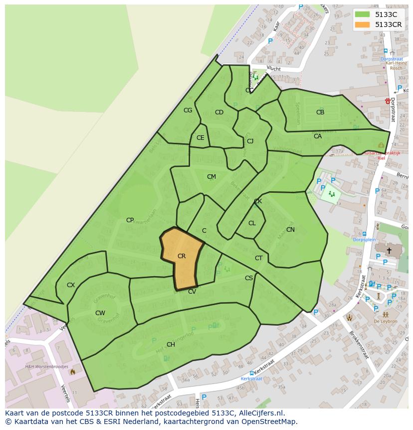 Afbeelding van het postcodegebied 5133 CR op de kaart.