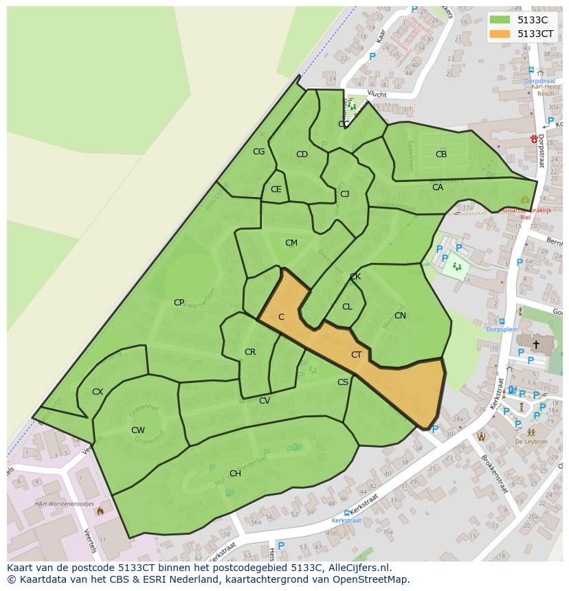 Afbeelding van het postcodegebied 5133 CT op de kaart.