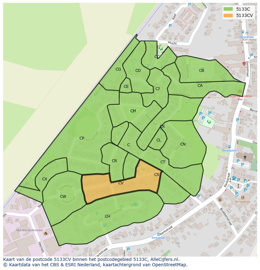 Afbeelding van het postcodegebied 5133 CV op de kaart.