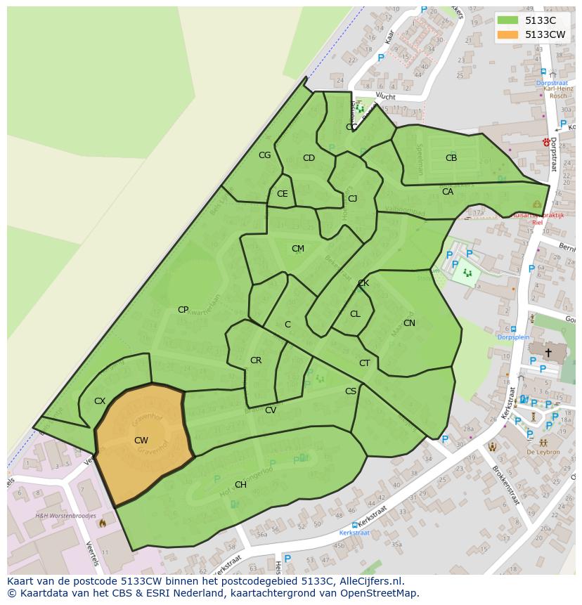 Afbeelding van het postcodegebied 5133 CW op de kaart.