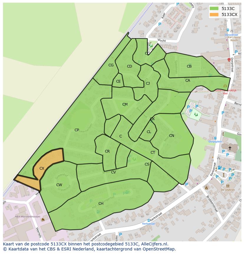 Afbeelding van het postcodegebied 5133 CX op de kaart.