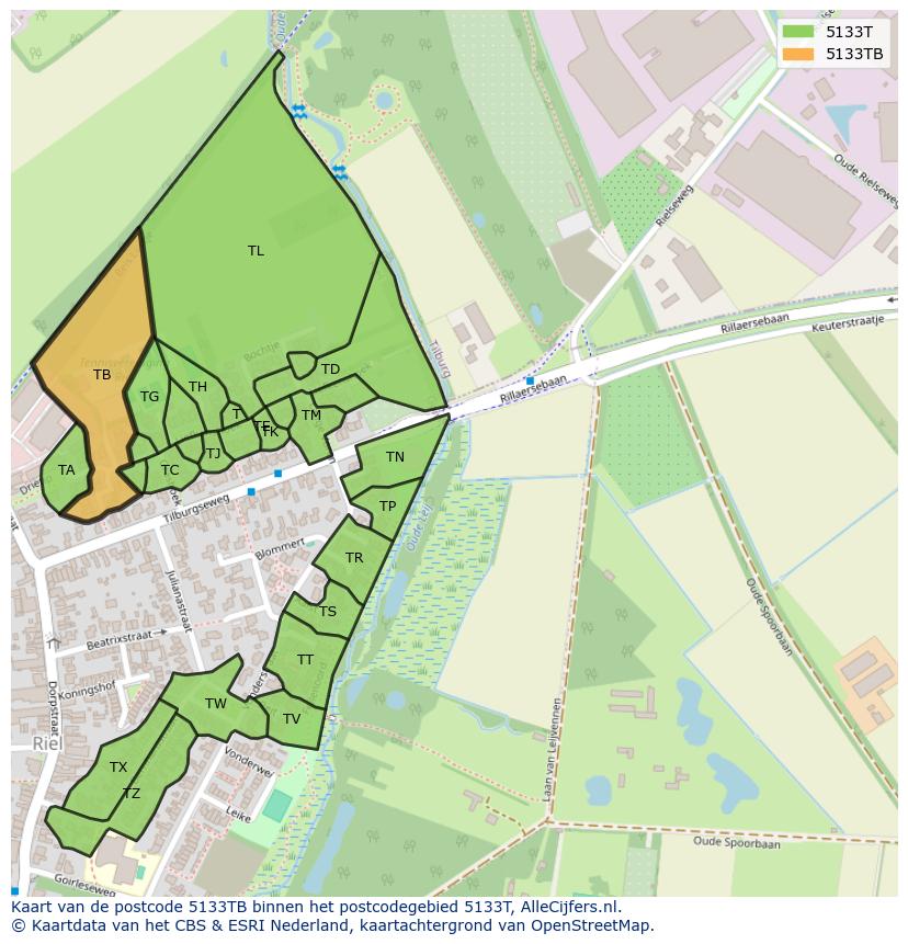 Afbeelding van het postcodegebied 5133 TB op de kaart.