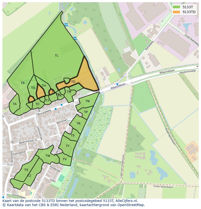 Afbeelding van het postcodegebied 5133 TD op de kaart.