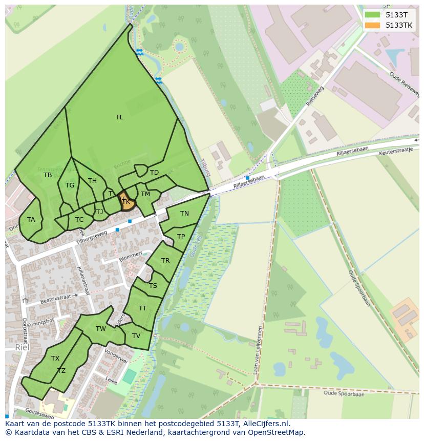 Afbeelding van het postcodegebied 5133 TK op de kaart.