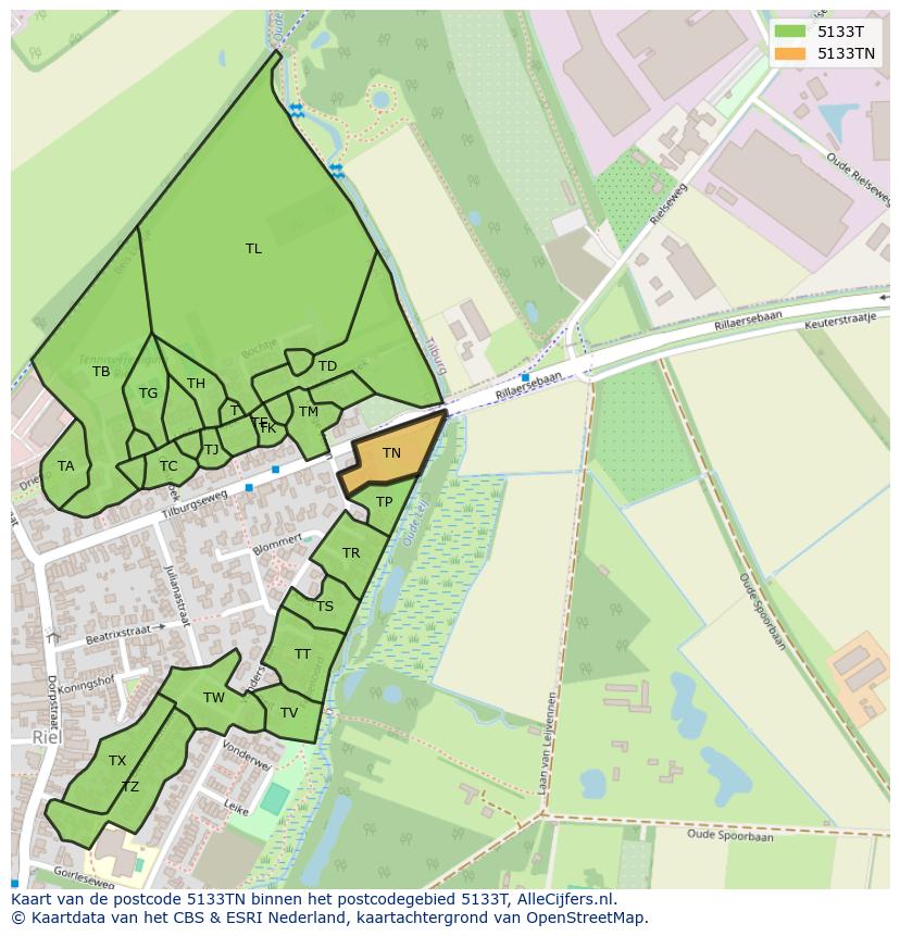 Afbeelding van het postcodegebied 5133 TN op de kaart.