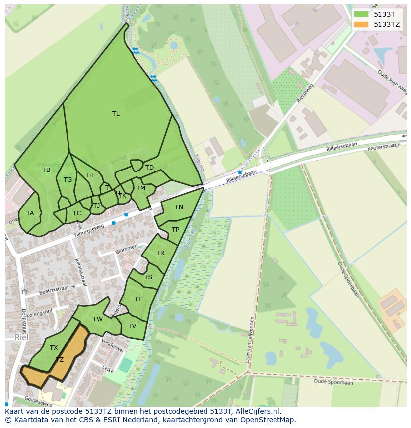 Afbeelding van het postcodegebied 5133 TZ op de kaart.