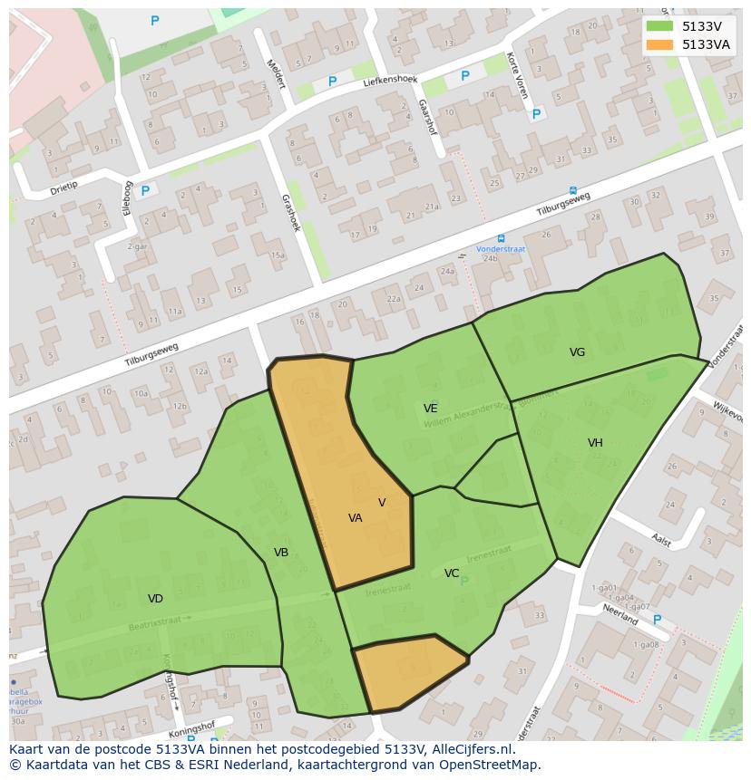 Afbeelding van het postcodegebied 5133 VA op de kaart.