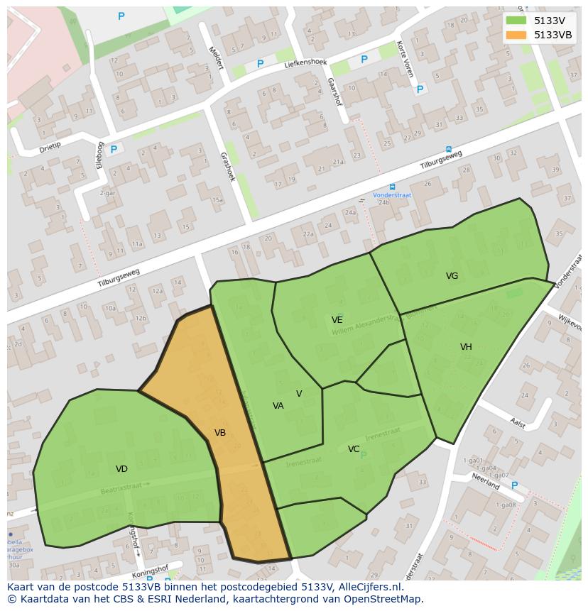 Afbeelding van het postcodegebied 5133 VB op de kaart.