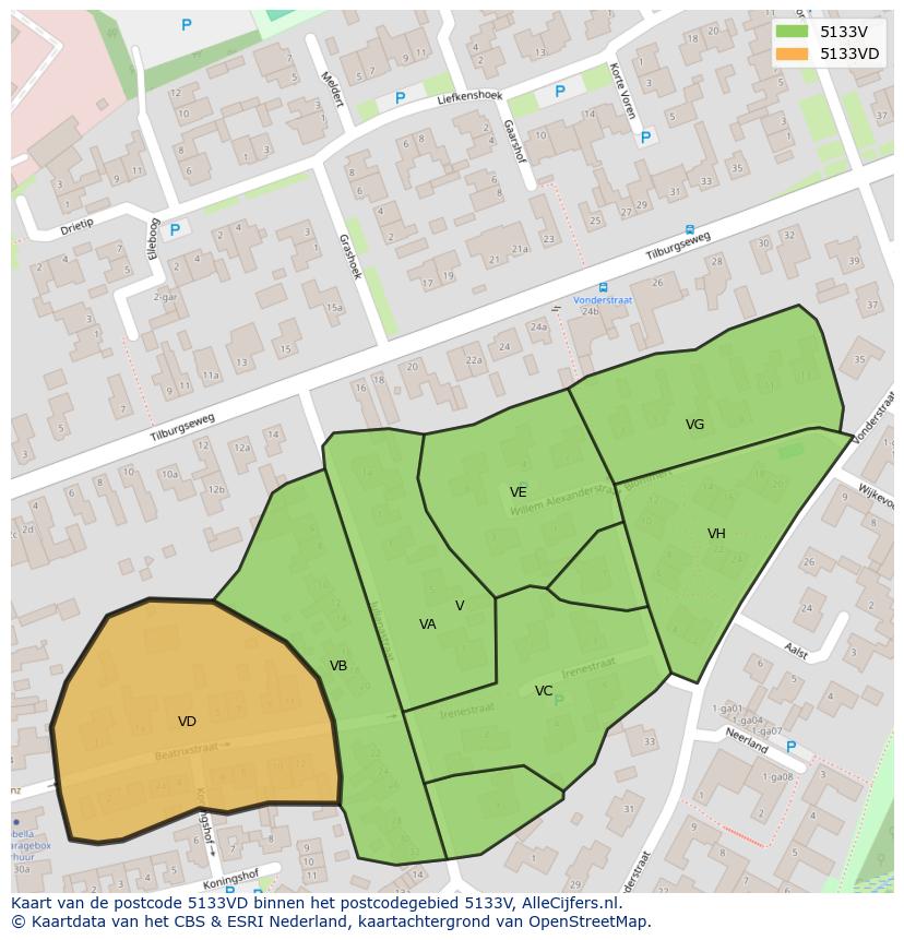 Afbeelding van het postcodegebied 5133 VD op de kaart.